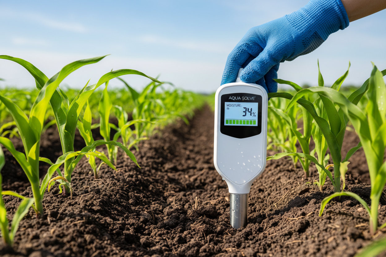 Hand pushing digital probe into dark soil between corn rows with LCD showing 34% moisture in bright farm daylight