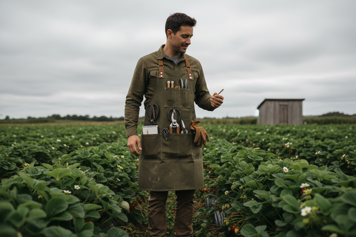 Person in strawberry patch wearing waxed canvas apron with pruning shears, gloves, and notepad