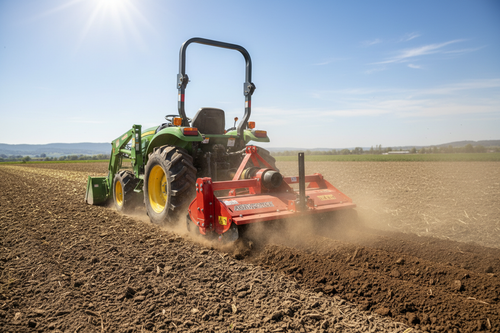 Red 3-point hitch tiller attached to compact tractor churning dark soil in a straight row with dust rising in midday sun