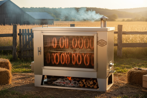 Large stainless steel smoker emitting thin blue smoke in farm backyard with hanging sausages visible through glass door