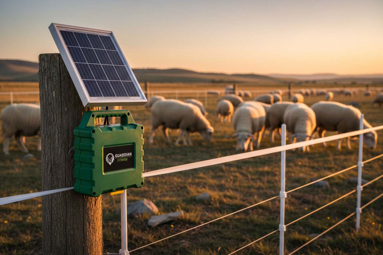 Solar panel and energizer box on wooden post next to white polytape fence with grazing sheep at golden sunset
