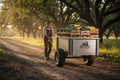Steel cart loaded with wooden crates of zucchini and yellow squash being pulled by a farmer through a muddy farm path