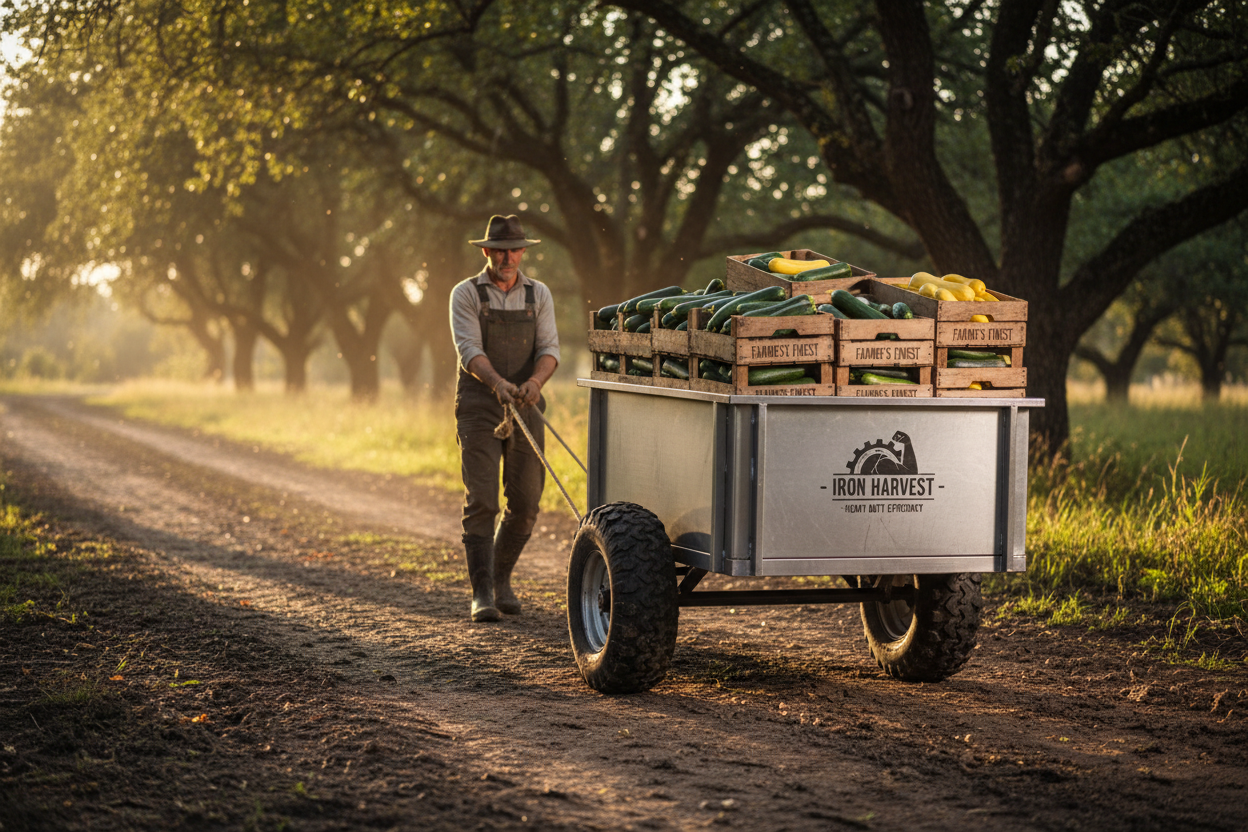 Steel cart loaded with wooden crates of zucchini and yellow squash being pulled by a farmer through a muddy farm path