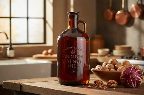 Dark amber glass gallon jug of walnut oil next to wooden bowl of shelled walnuts and radicchio in warm kitchen light