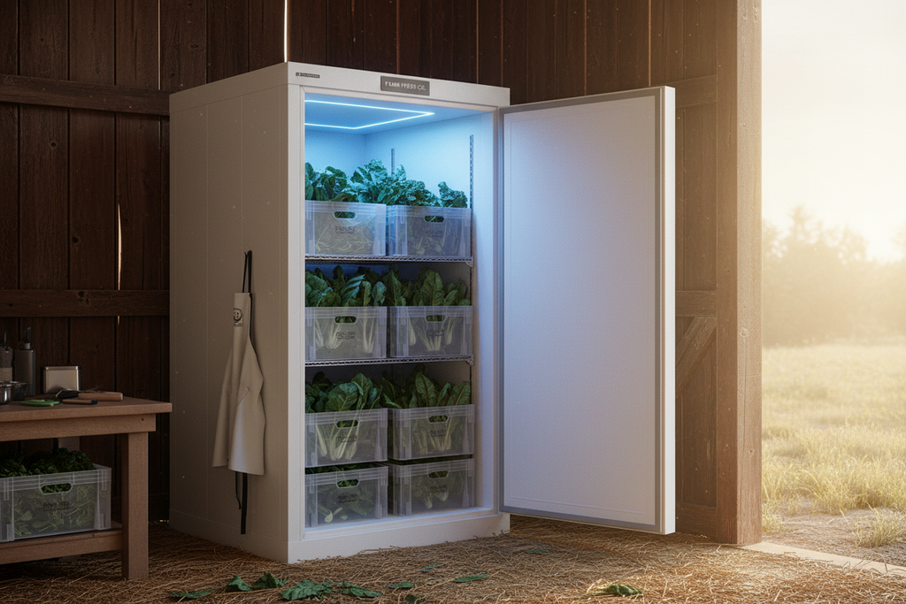 White walk-in cooler in a barn with door open showing stacked crates of leafy greens, cool blue interior light
