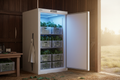 White walk-in cooler in a barn with door open showing stacked crates of leafy greens, cool blue interior light