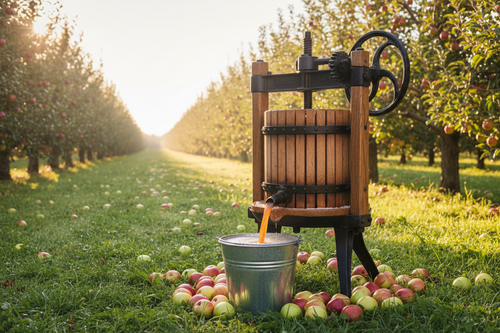 Wooden and cast iron cider press in orchard with bucket of fresh amber cider underneath and apples on grass in golden morning light